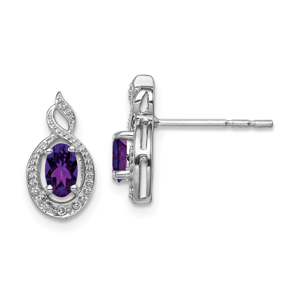 Polished;Open back;Post;Sterling silver;Amethyst;Diamond;Rhodium-plated