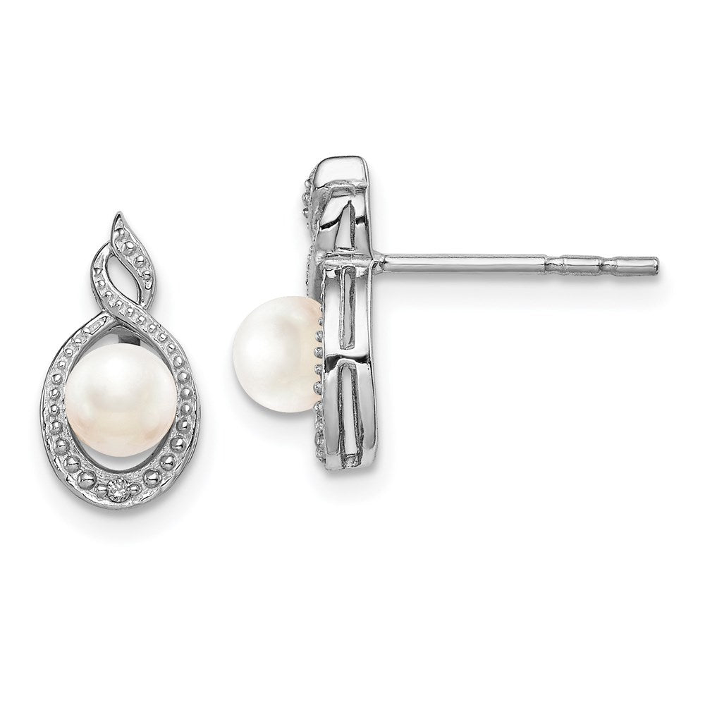 Polished;Open back;Post;Sterling silver;Freshwater cultured pearl;Diamond;Rhodium-plated