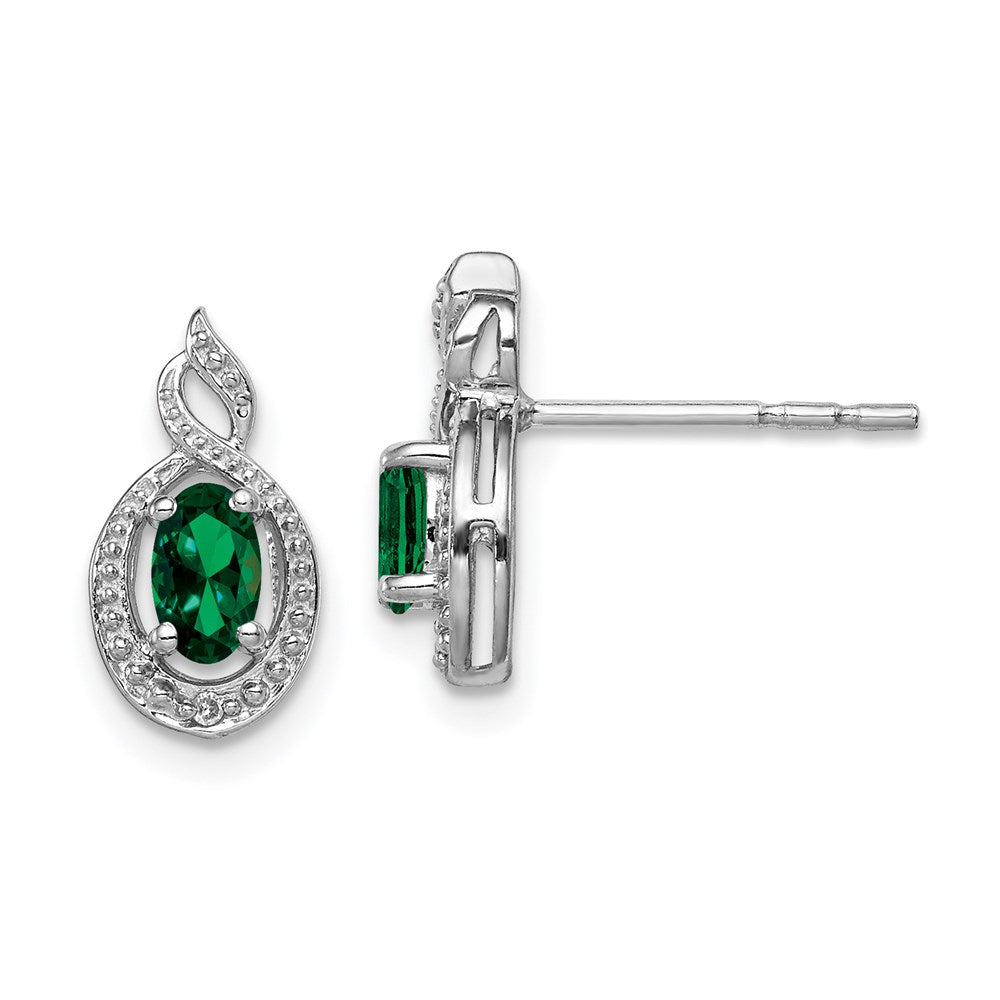 Polished;Open back;Post;Sterling silver;Diamond;Rhodium-plated;Created Emerald
