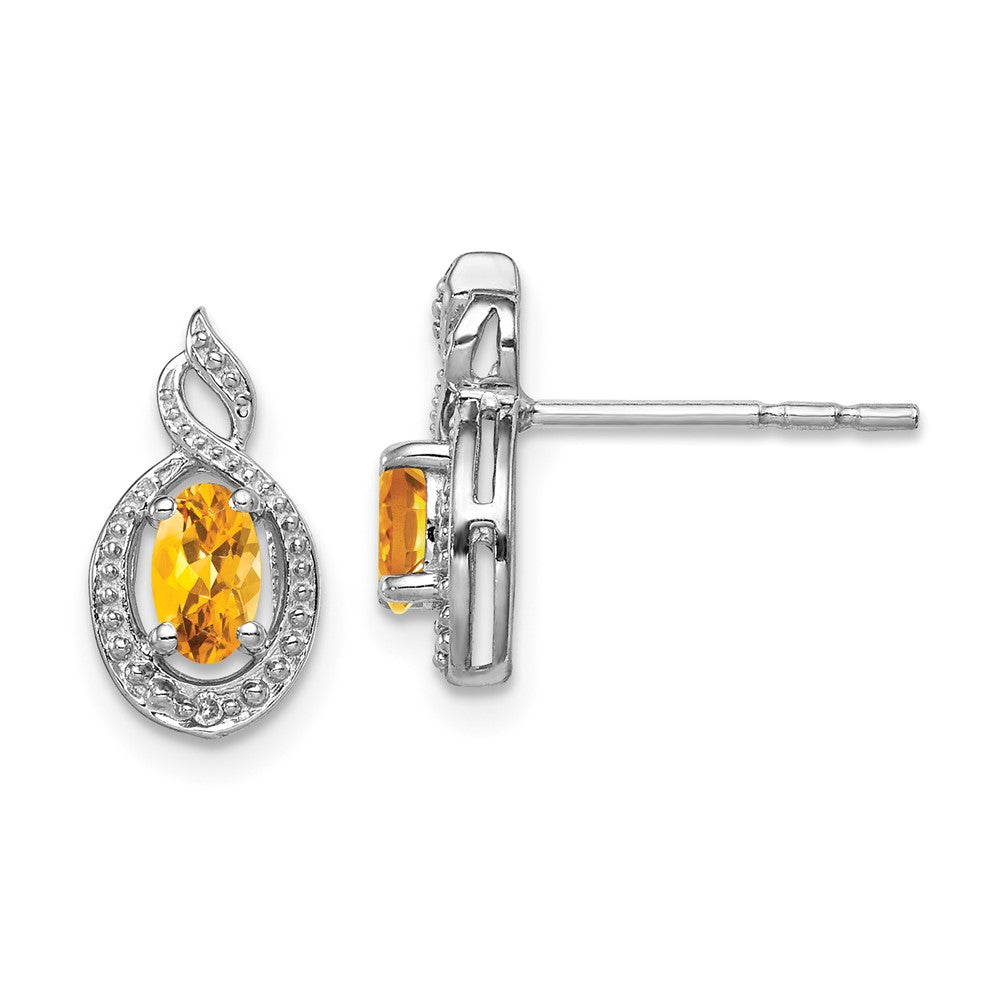 Polished;Open back;Post;Sterling silver;Citrine;Diamond;Rhodium-plated