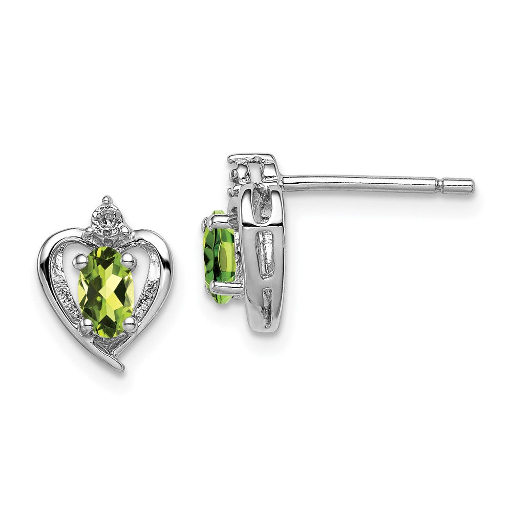 Polished;Open back;Post;Sterling silver;Diamond;Peridot;Rhodium-plated;Heart
