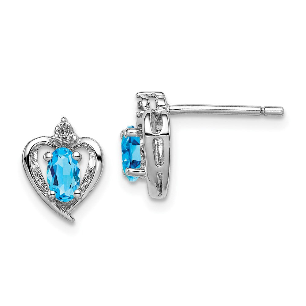Polished;Open back;Post;Sterling silver;Blue topaz;Diamond;Rhodium-plated;Heart
