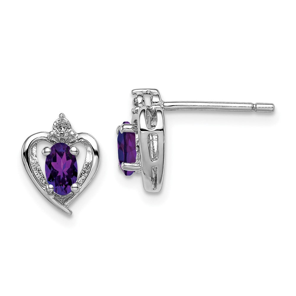 Polished;Open back;Post;Sterling silver;Amethyst;Diamond;Rhodium-plated;Heart