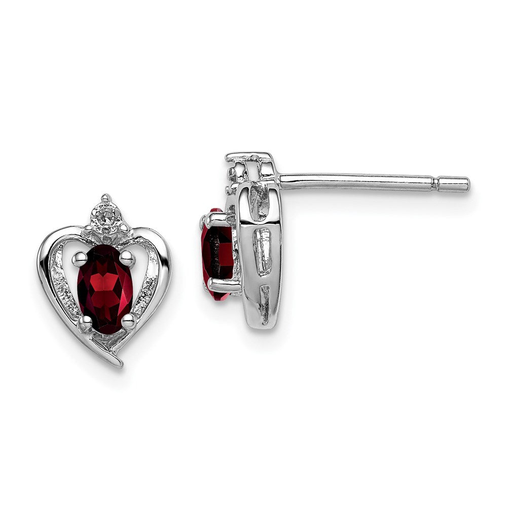 Polished;Open back;Post;Sterling silver;Diamond;Garnet;Rhodium-plated;Heart