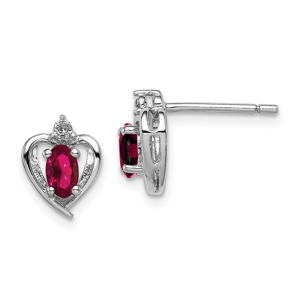 Polished;Open back;Post;Sterling silver;Diamond;Rhodium-plated;Heart;Created Ruby