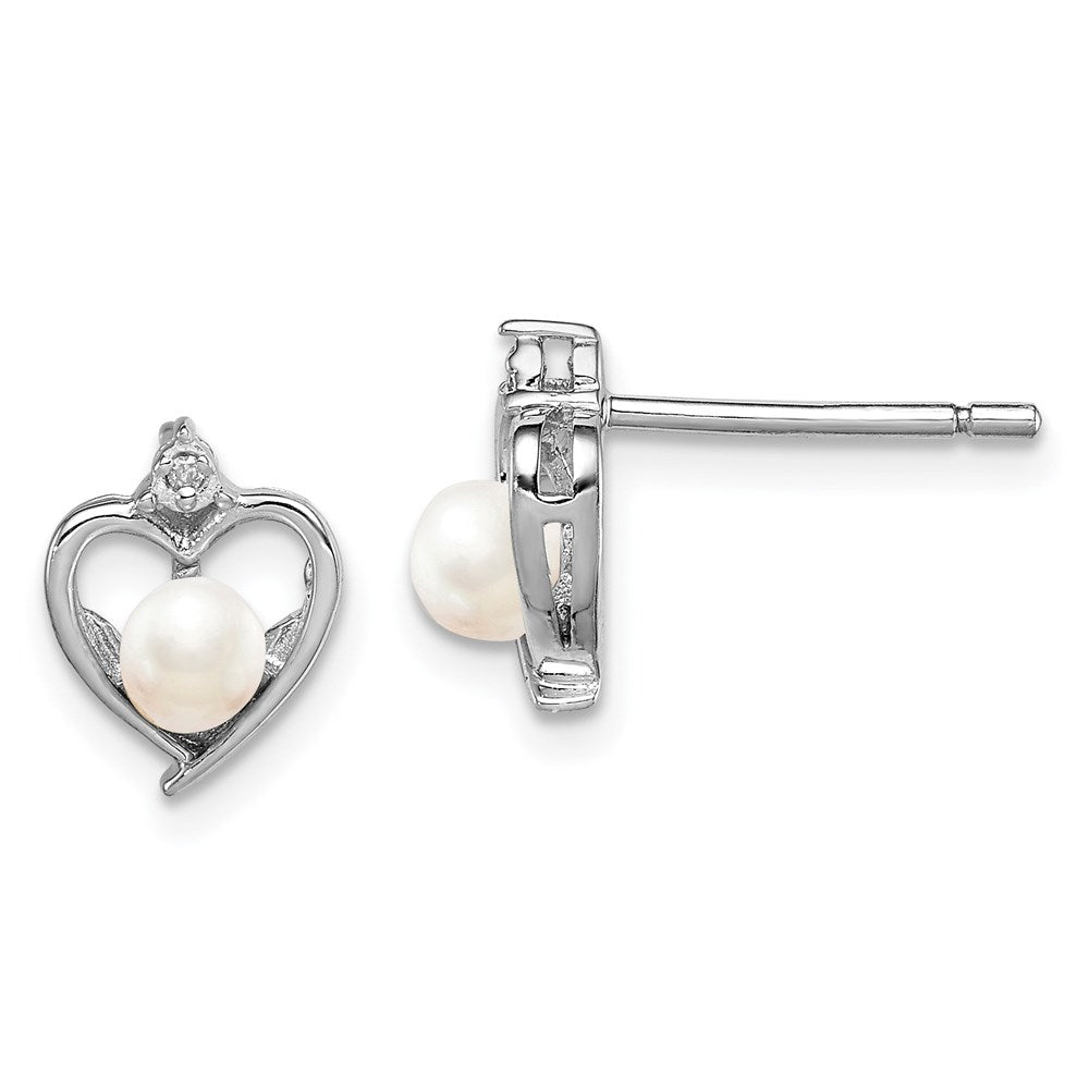 Polished;Open back;Post;Sterling silver;Freshwater cultured pearl;Diamond;Rhodium-plated;Heart