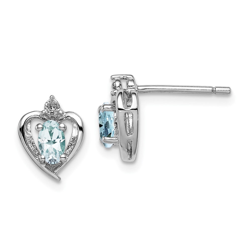 Polished;Open back;Post;Sterling silver;Aquamarine;Diamond;Rhodium-plated;Heart