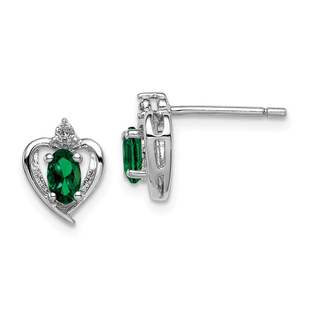 Polished;Open back;Post;Sterling silver;Diamond;Rhodium-plated;Heart;Created Emerald