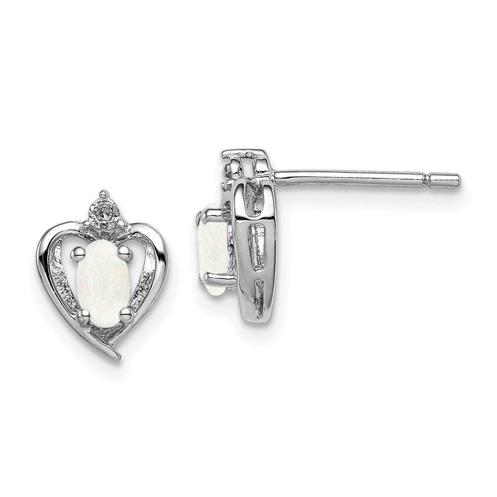 Polished;Open back;Post;Sterling silver;Diamond;Created opal;Rhodium-plated;Heart