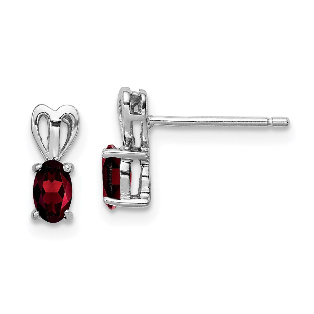 Post;Polished back;Sterling silver;Garnet;Rhodium-plated