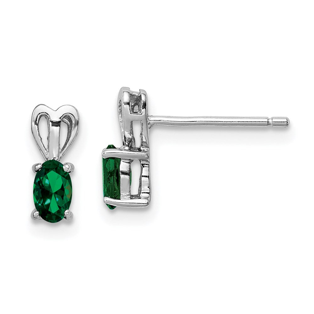 Post;Polished back;Sterling silver;Rhodium-plated;Created Emerald