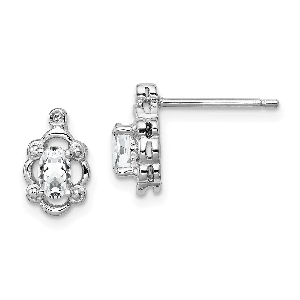 Polished;Open back;Post;Sterling silver;Diamond;Rhodium-plated;White topaz