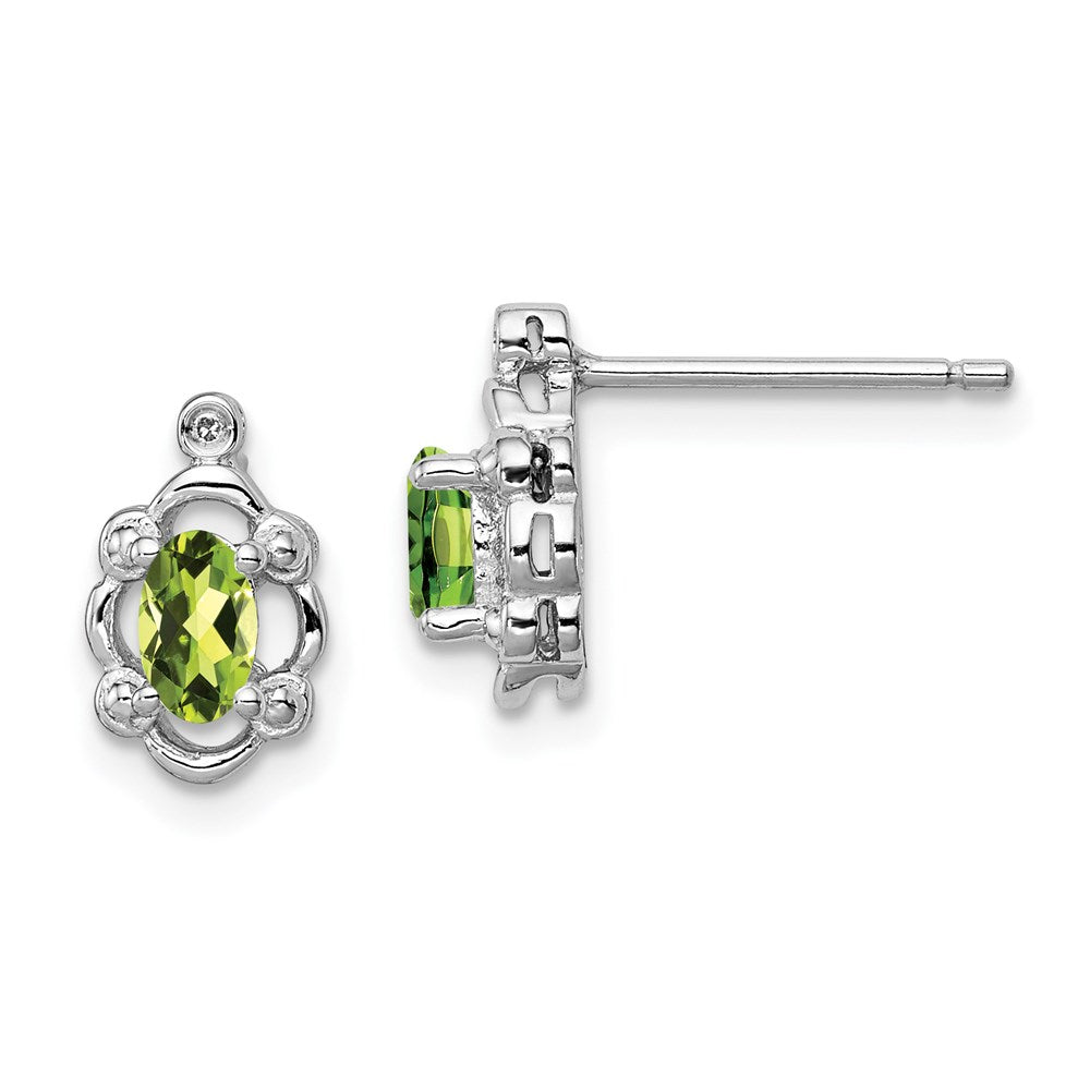 Polished;Open back;Post;Sterling silver;Diamond;Peridot;Rhodium-plated