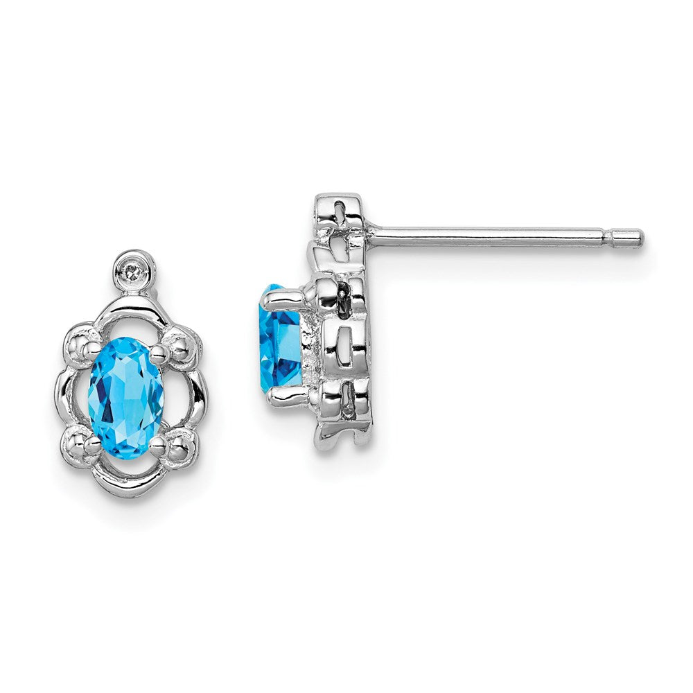 Polished;Open back;Post;Sterling silver;Blue topaz;Diamond;Rhodium-plated