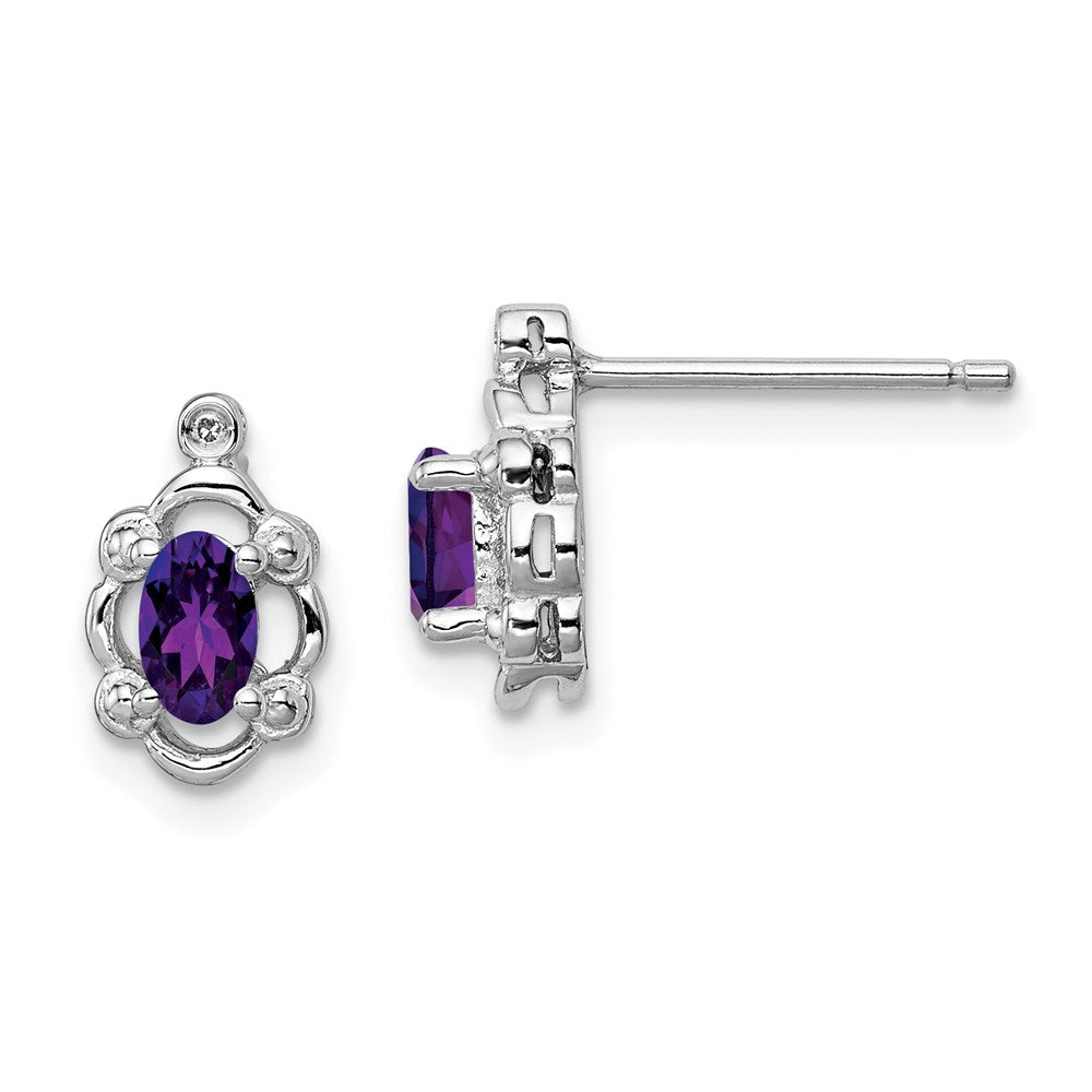 Polished;Open back;Post;Sterling silver;Amethyst;Diamond;Rhodium-plated