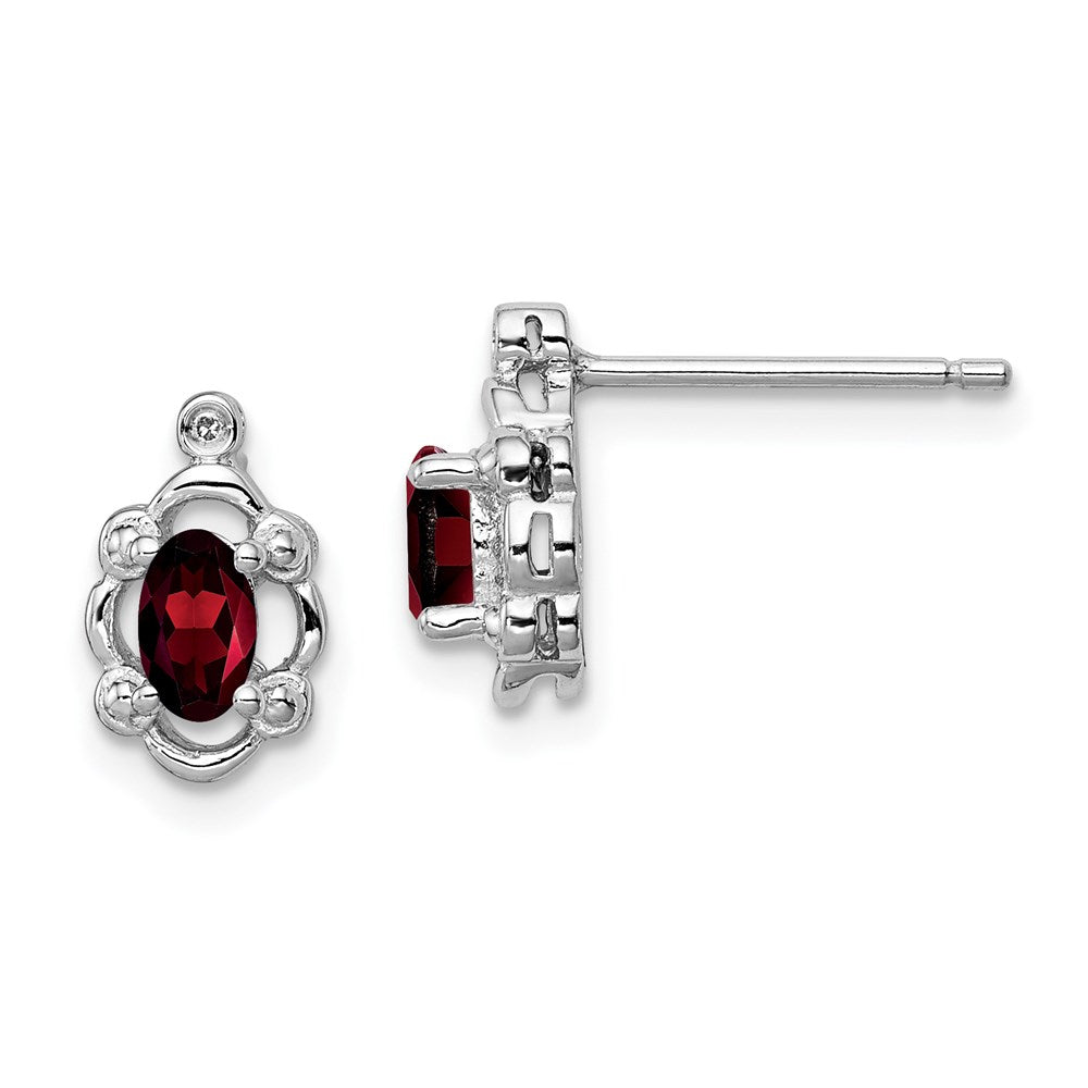 Polished;Open back;Post;Sterling silver;Diamond;Garnet;Rhodium-plated
