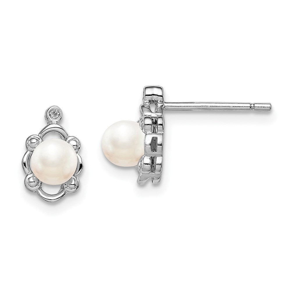 Polished;Open back;Post;Sterling silver;Freshwater cultured pearl;Diamond;Rhodium-plated