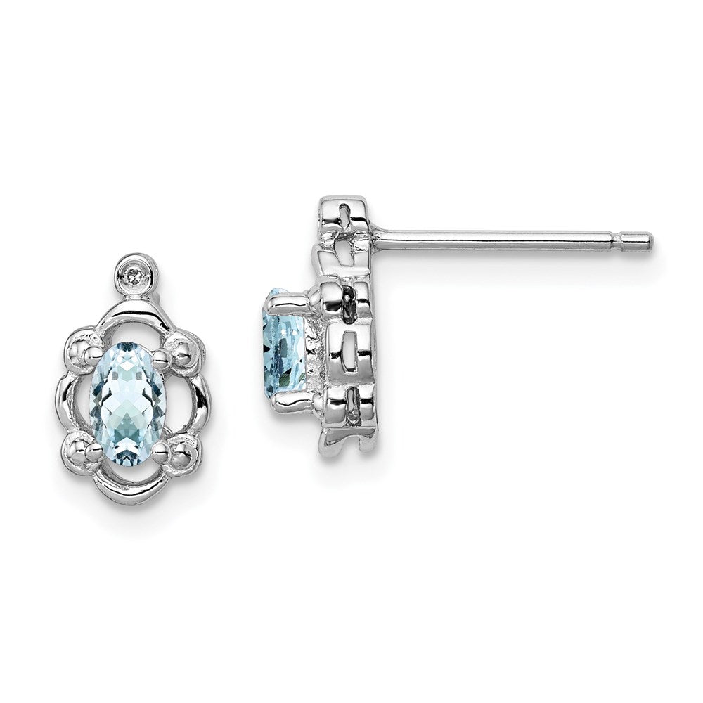 Polished;Open back;Post;Sterling silver;Aquamarine;Diamond;Rhodium-plated