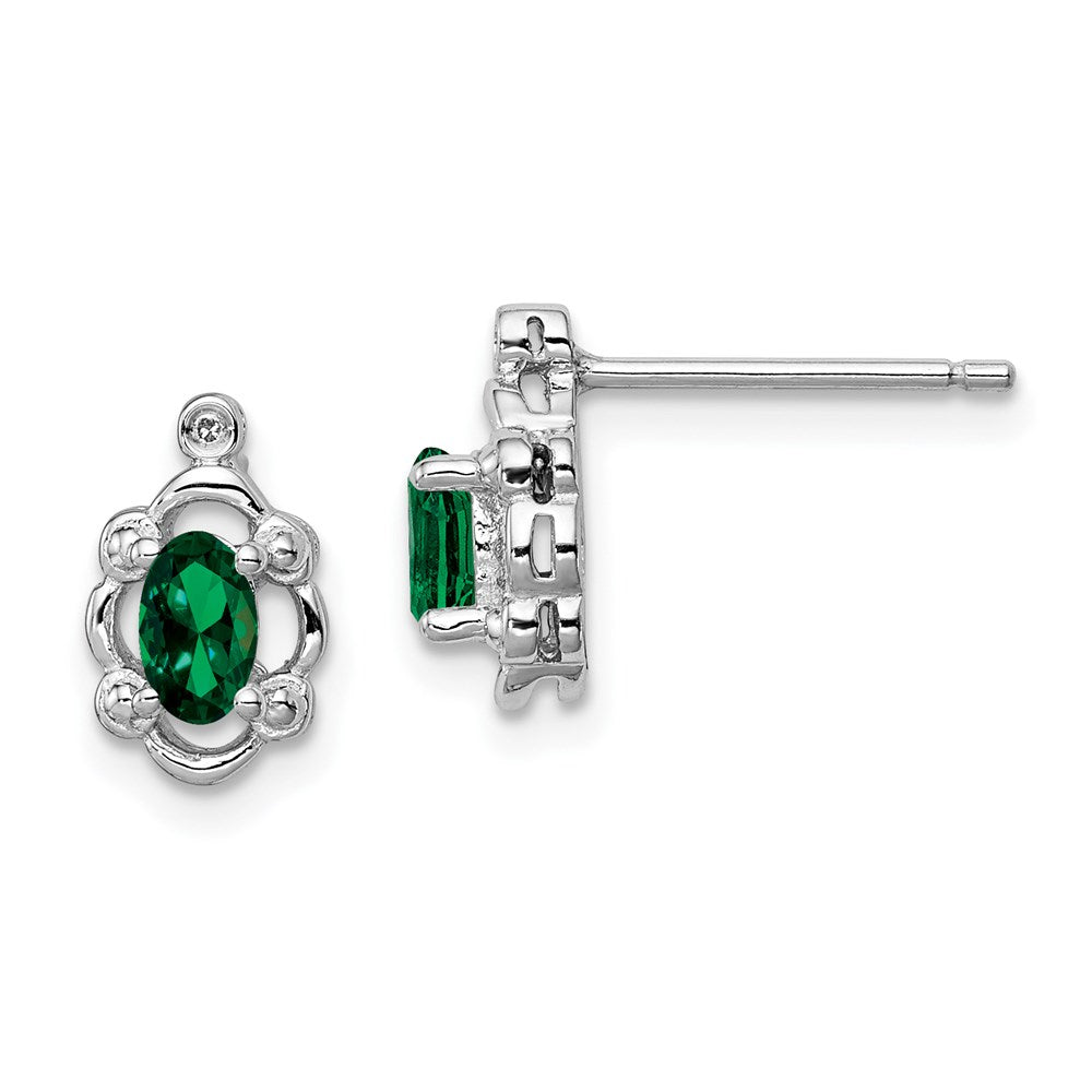Polished;Open back;Post;Sterling silver;Diamond;Rhodium-plated;Created Emerald