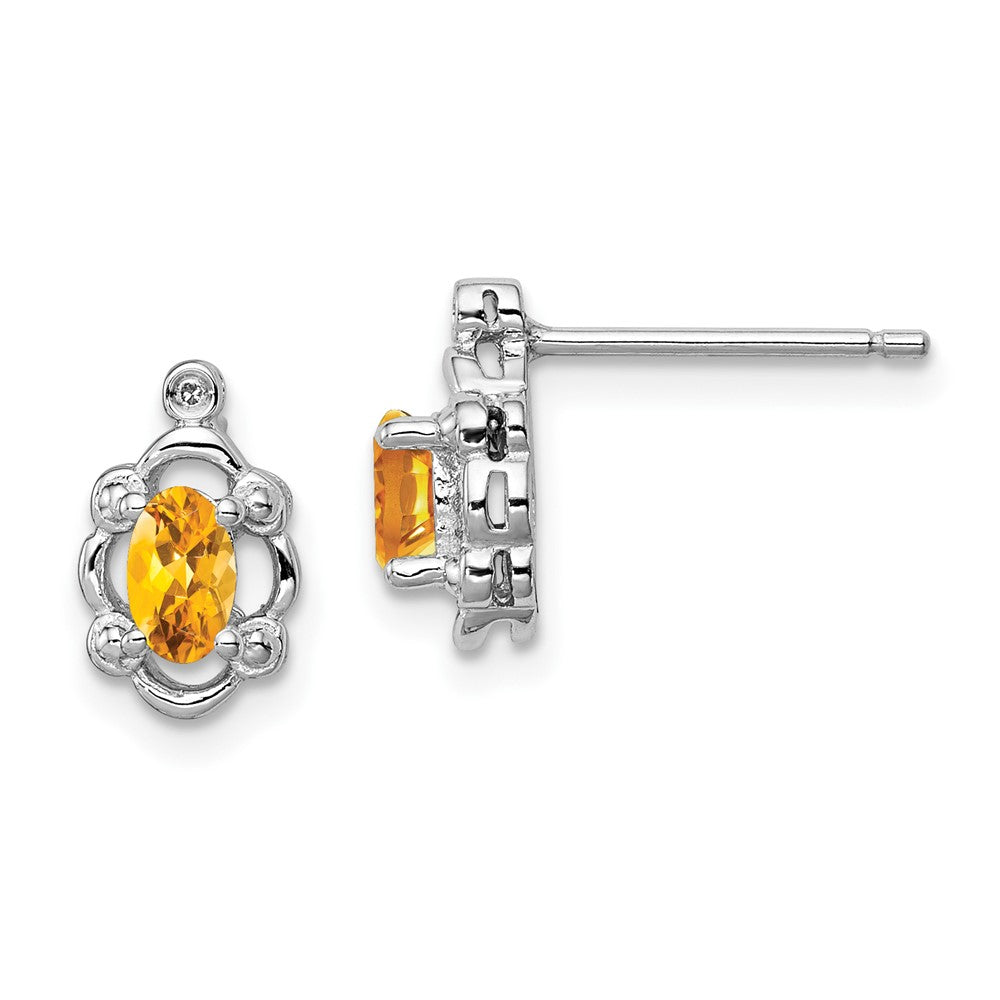 Polished;Open back;Post;Sterling silver;Citrine;Diamond;Rhodium-plated