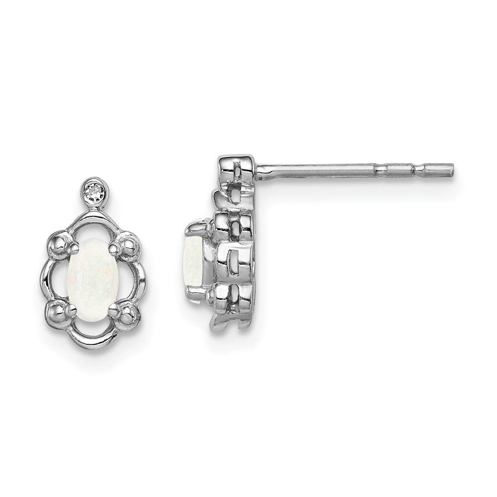 Polished;Open back;Post;Sterling silver;Diamond;Created opal;Rhodium-plated