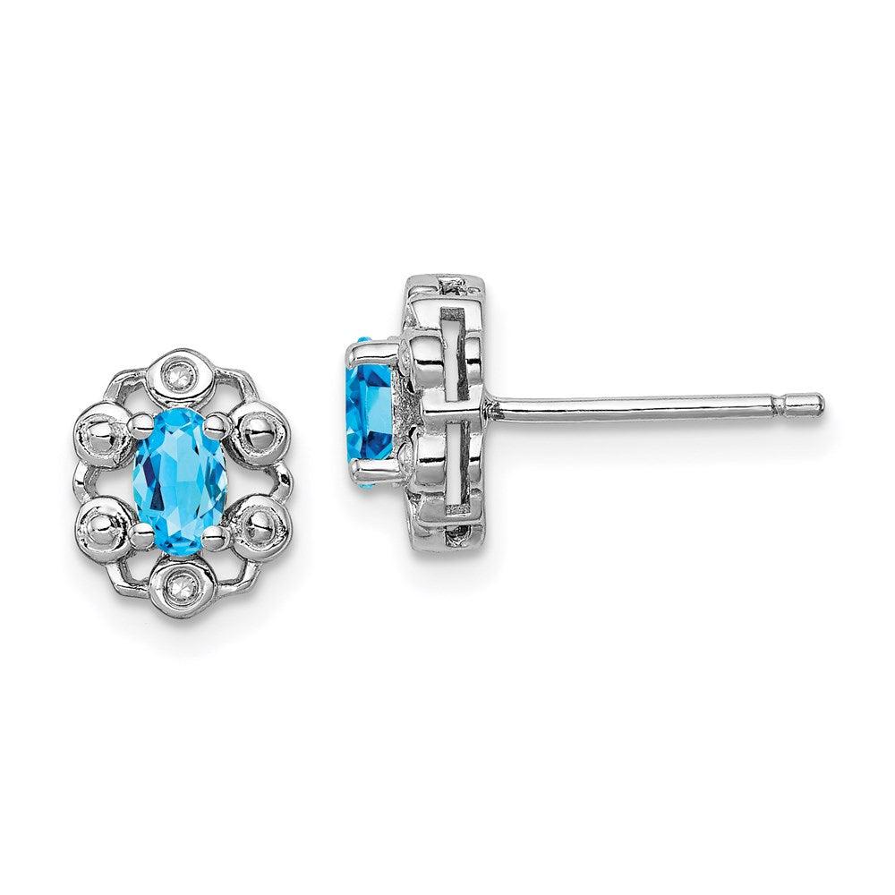 Polished;Open back;Post;Sterling silver;Blue topaz;Diamond;Rhodium-plated