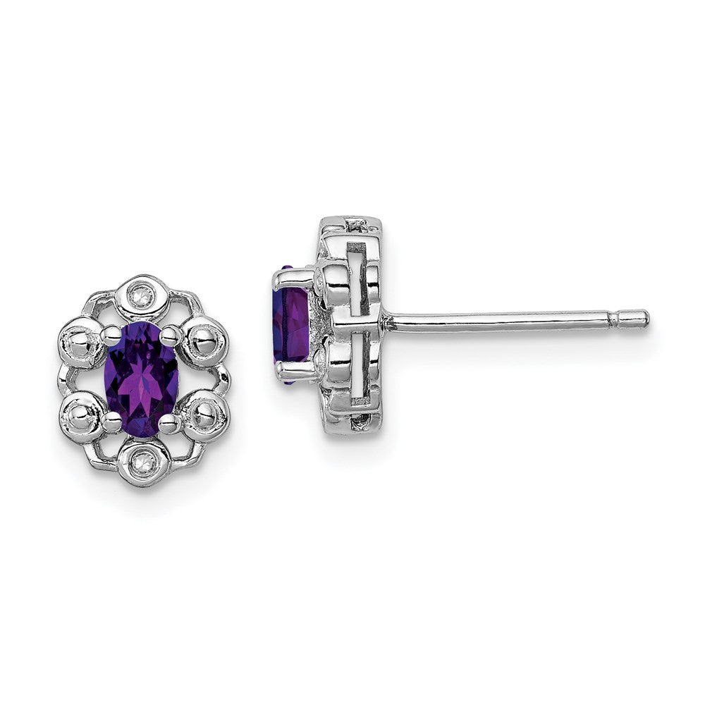 Polished;Open back;Post;Sterling silver;Amethyst;Diamond;Rhodium-plated