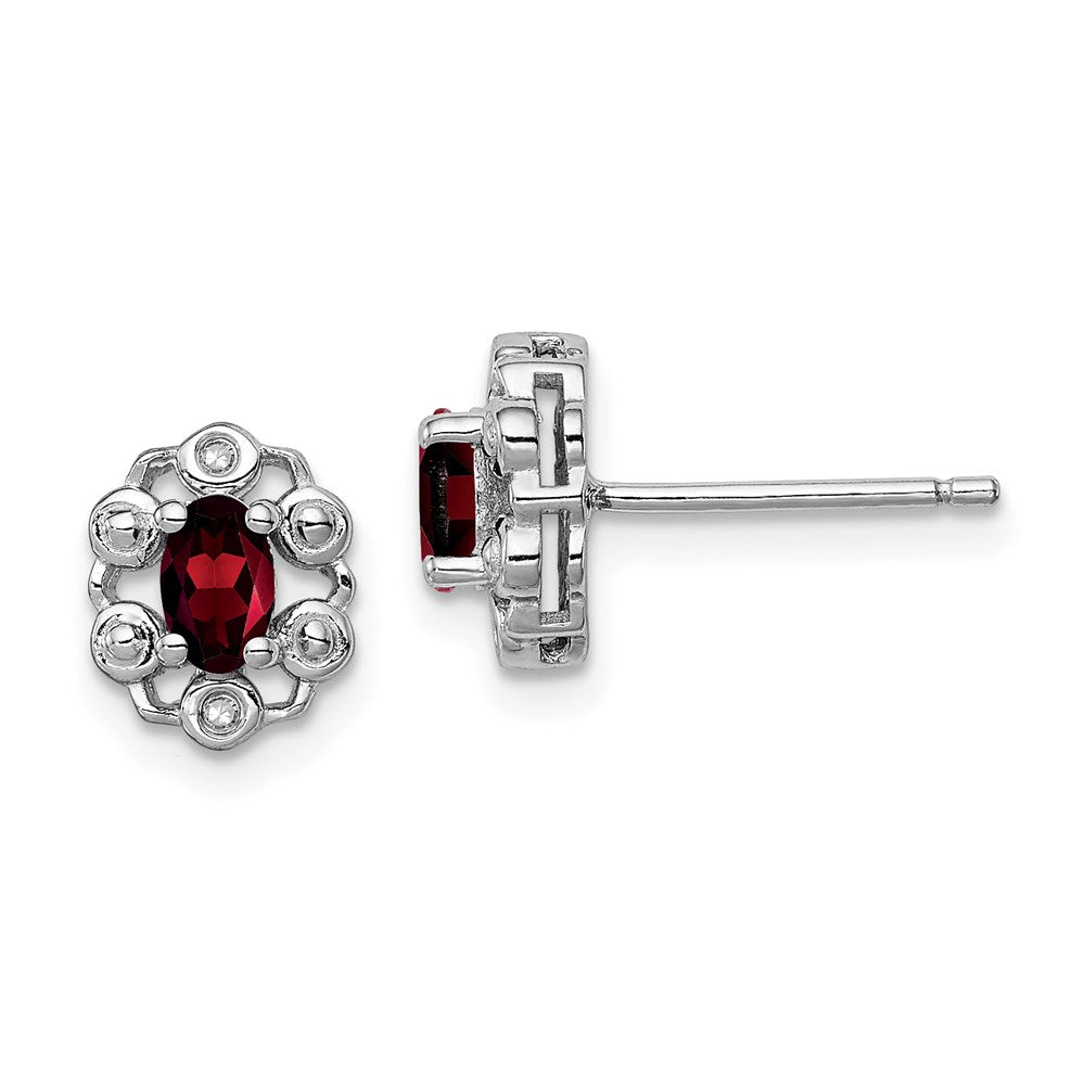 Polished;Open back;Post;Sterling silver;Diamond;Garnet;Rhodium-plated