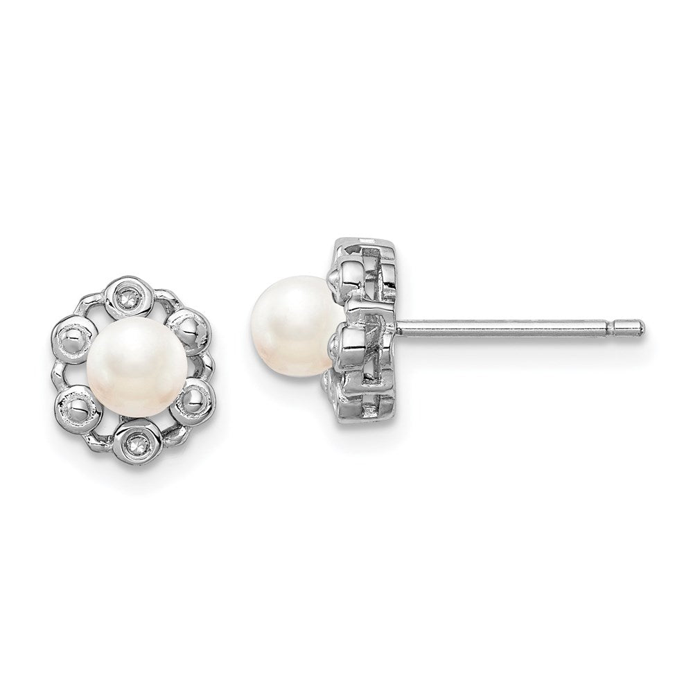Polished;Open back;Post;Sterling silver;Freshwater cultured pearl;Diamond;Rhodium-plated