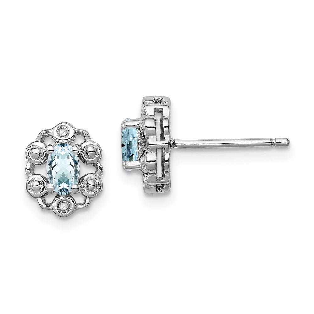 Polished;Open back;Post;Sterling silver;Aquamarine;Diamond;Rhodium-plated