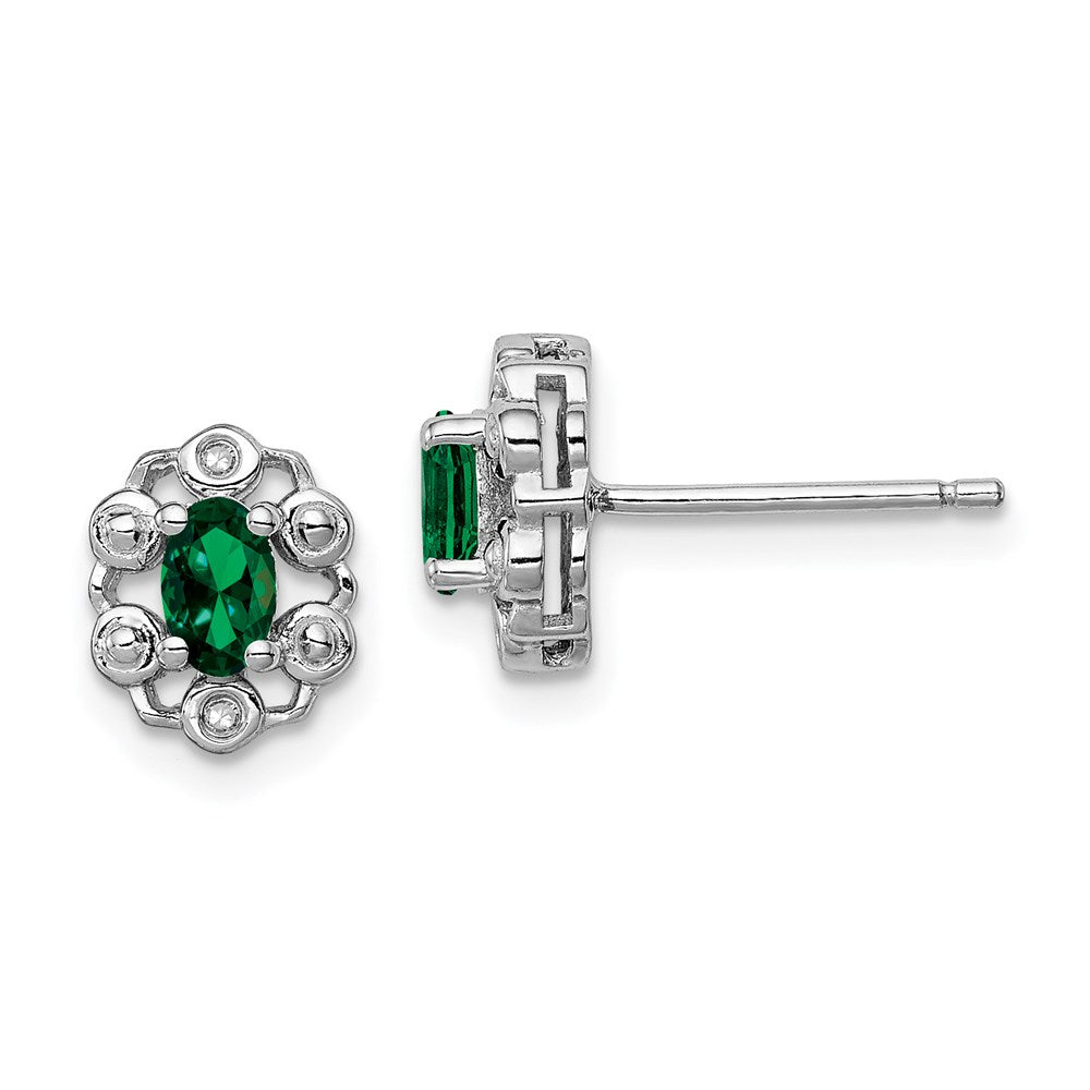 Polished;Open back;Post;Sterling silver;Diamond;Rhodium-plated;Created Emerald