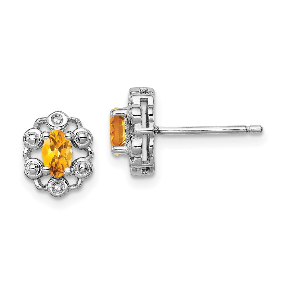 Polished;Open back;Post;Sterling silver;Citrine;Diamond;Rhodium-plated