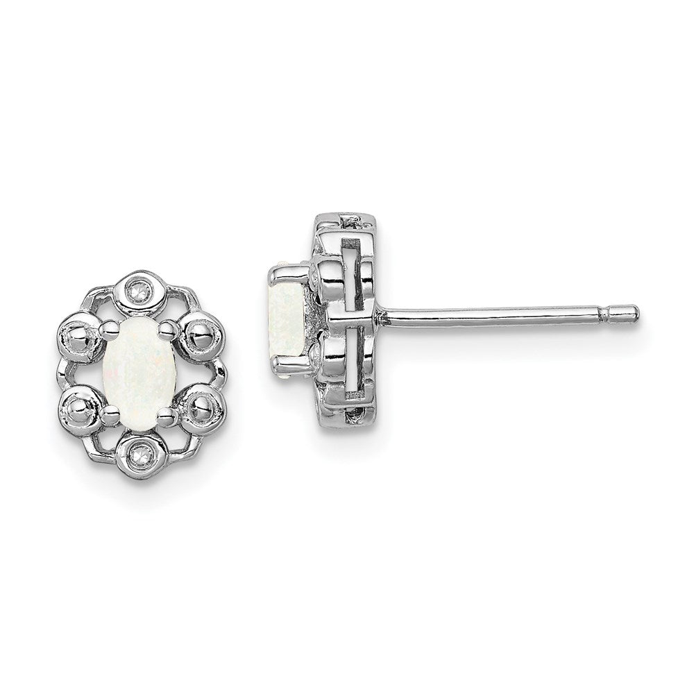 Polished;Open back;Post;Sterling silver;Diamond;Created opal;Rhodium-plated