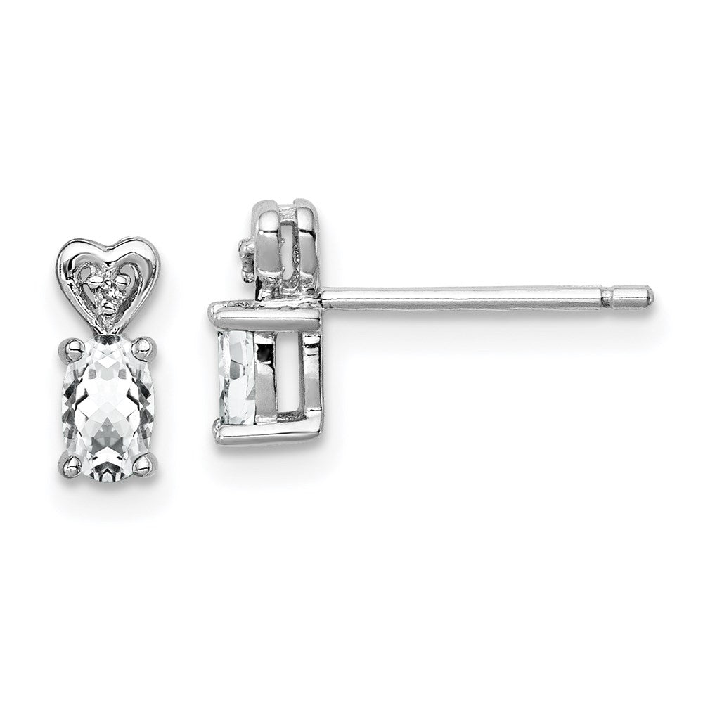 Post;Polished back;Sterling silver;Diamond;Rhodium-plated;White topaz;Heart