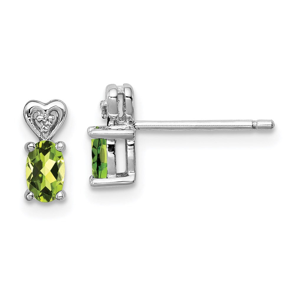 Post;Polished back;Sterling silver;Diamond;Peridot;Rhodium-plated;Heart
