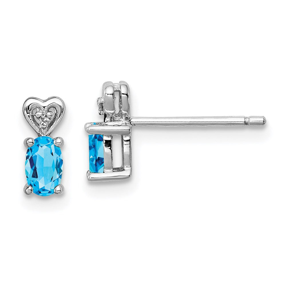 Post;Polished back;Sterling silver;Blue topaz;Diamond;Rhodium-plated;Heart