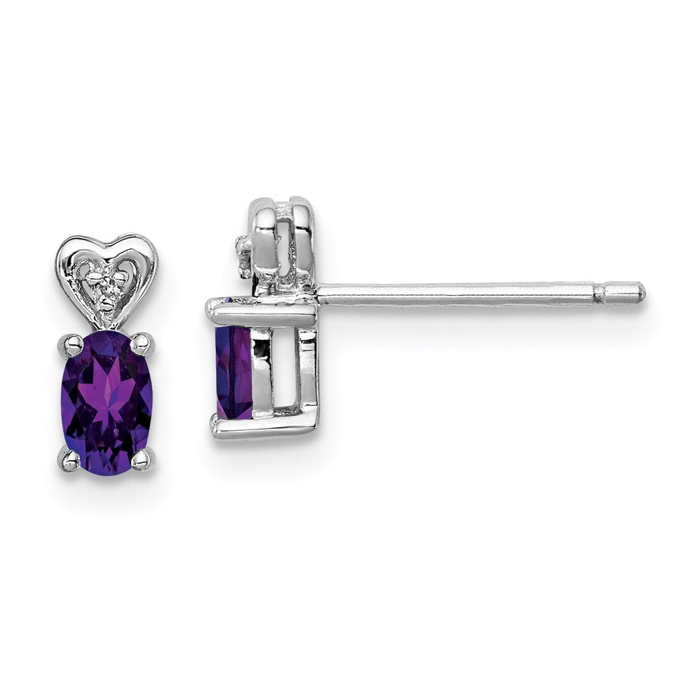 Post;Polished back;Sterling silver;Amethyst;Diamond;Rhodium-plated;Heart