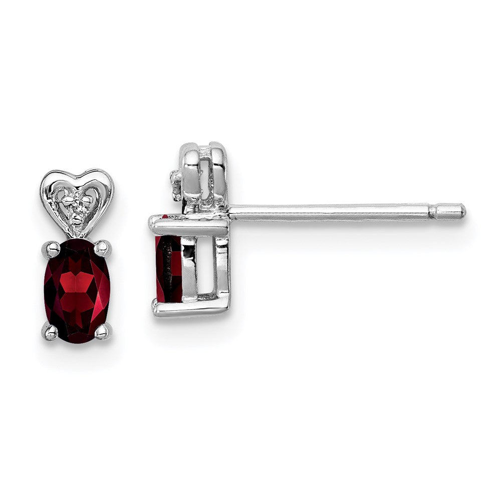 Post;Polished back;Sterling silver;Diamond;Garnet;Rhodium-plated;Heart
