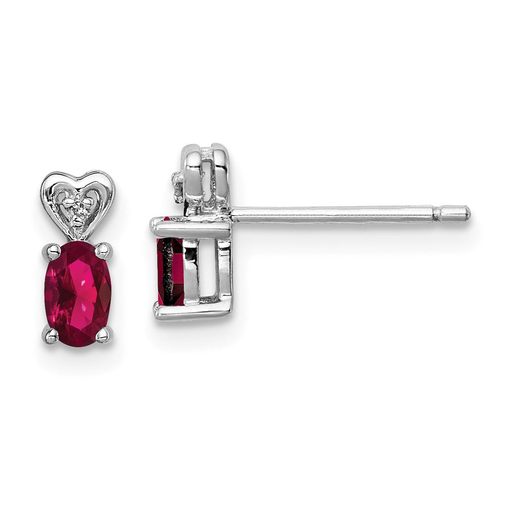 Post;Polished back;Sterling silver;Diamond;Rhodium-plated;Heart;Created Ruby