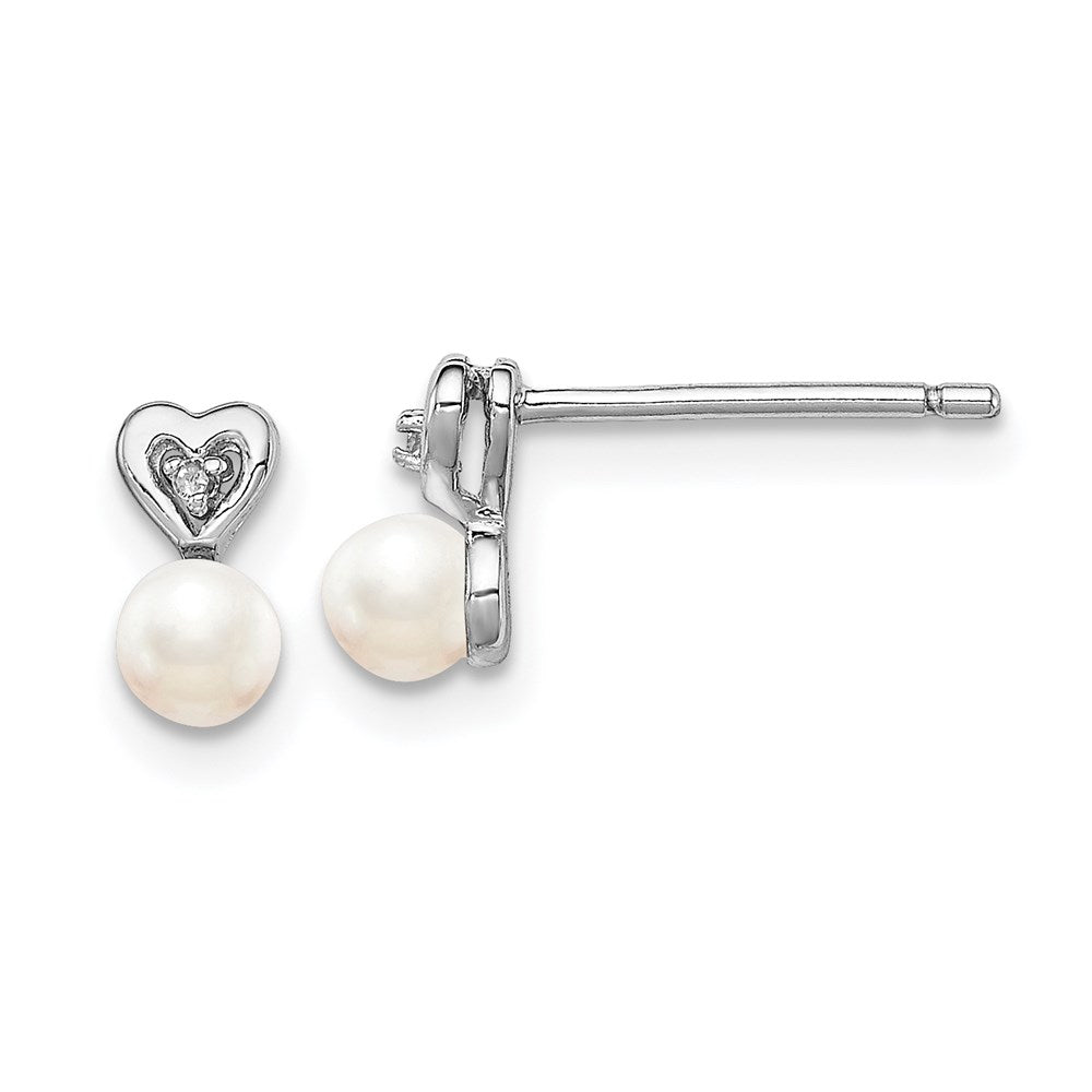 Post;Polished back;Sterling silver;Freshwater cultured pearl;Diamond;Rhodium-plated;Heart