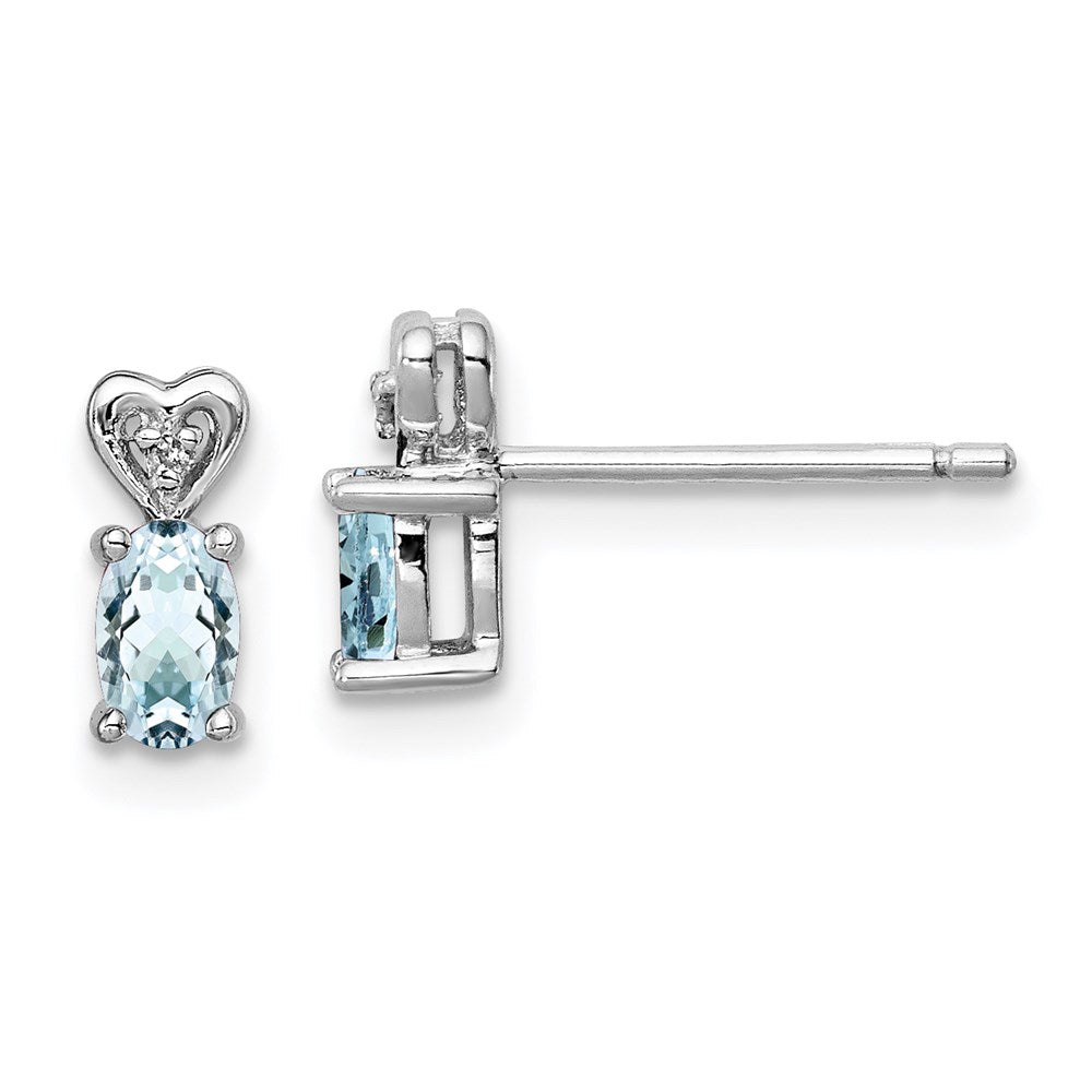 Post;Polished back;Sterling silver;Aquamarine;Diamond;Rhodium-plated;Heart