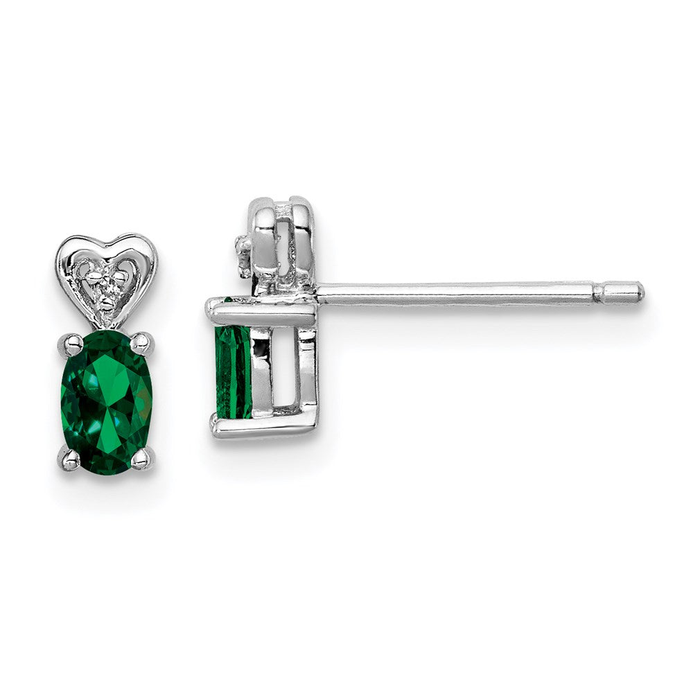 Post;Polished back;Sterling silver;Diamond;Rhodium-plated;Heart;Created Emerald