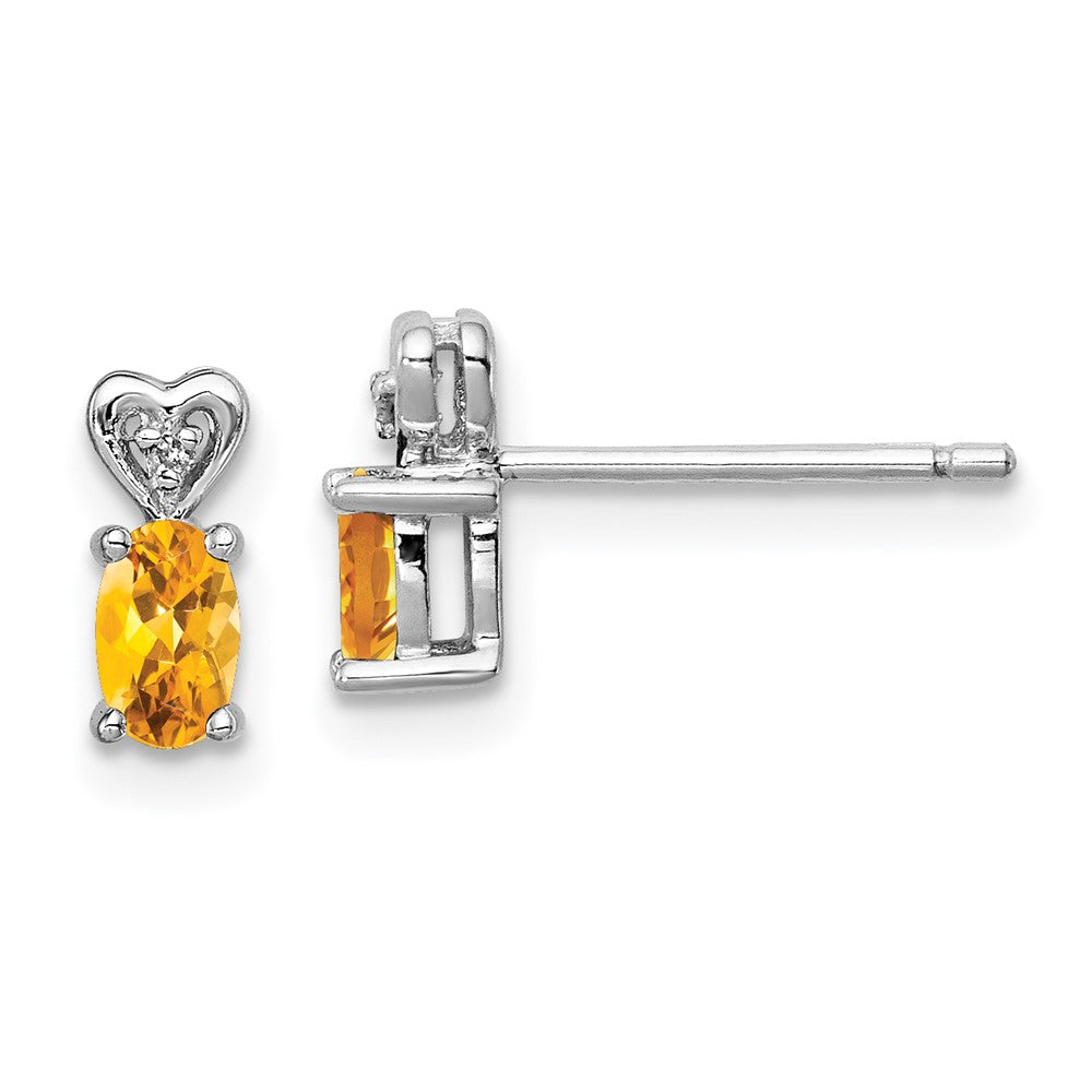 Post;Polished back;Sterling silver;Citrine;Diamond;Rhodium-plated;Heart