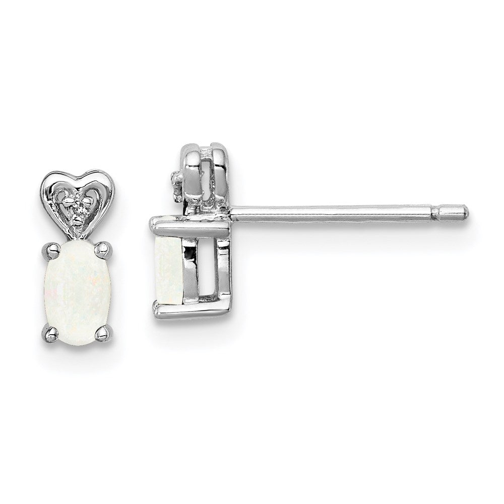 Post;Polished back;Sterling silver;Diamond;Created opal;Rhodium-plated;Heart