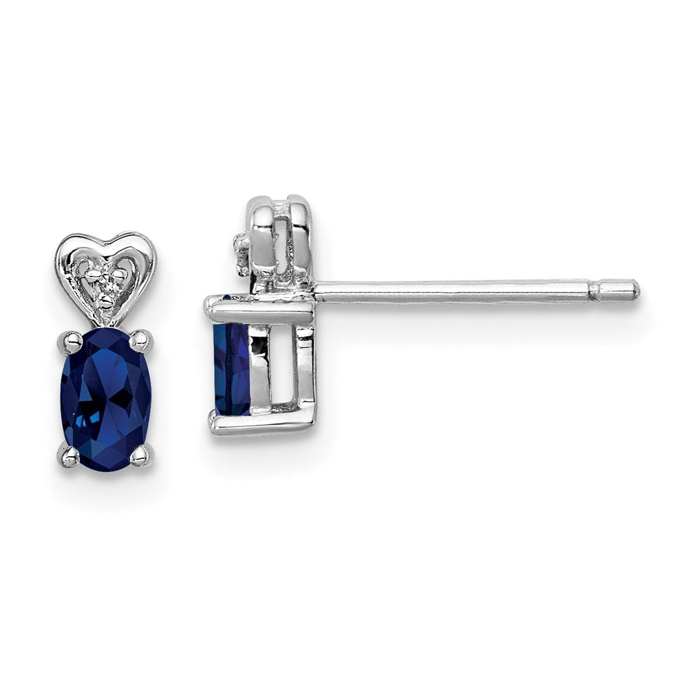 Post;Polished back;Sterling silver;Diamond;Rhodium-plated;Heart;Created Sapphire