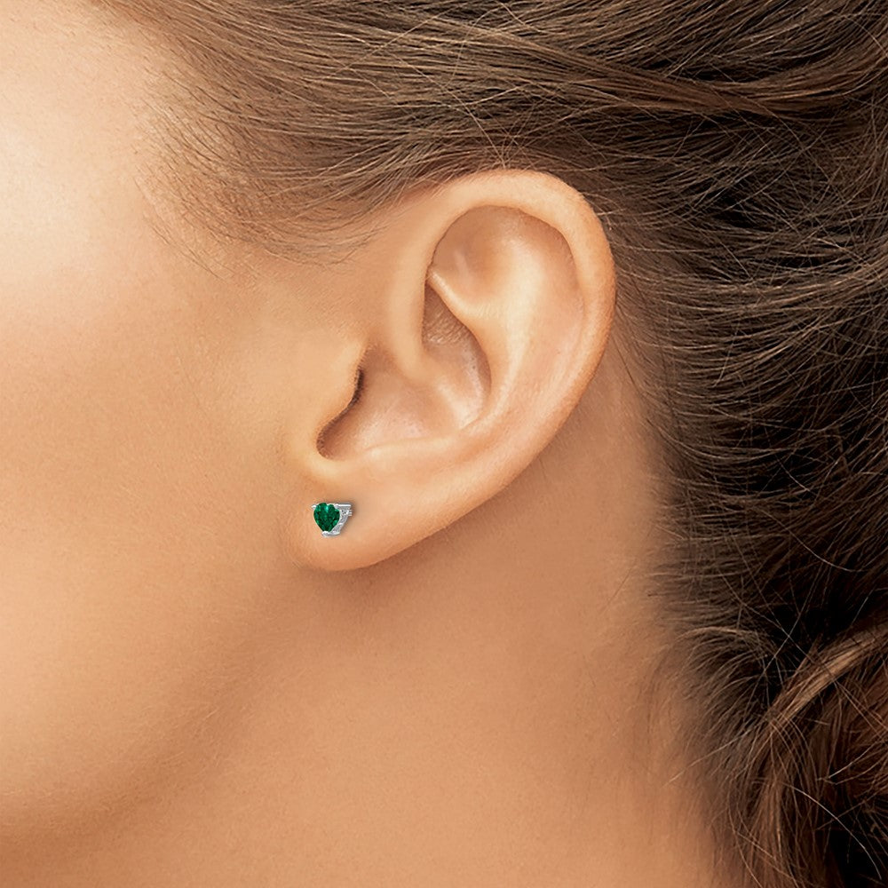 Sterling Silver Rhod-plated 4mm Heart Created Emerald Post Earrings