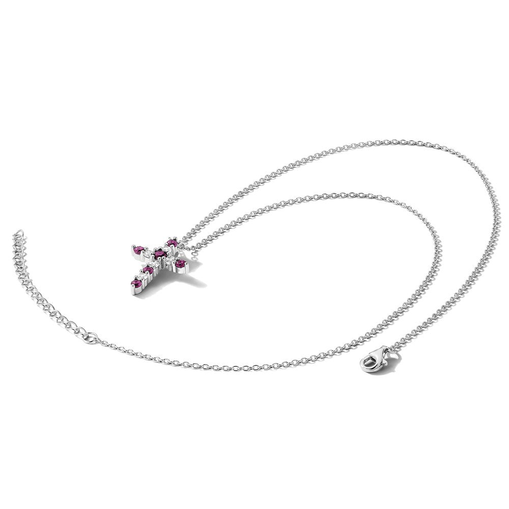 SS RH-plated Dark Pink CZ July Birthstone Cross w/2in ext Necklace