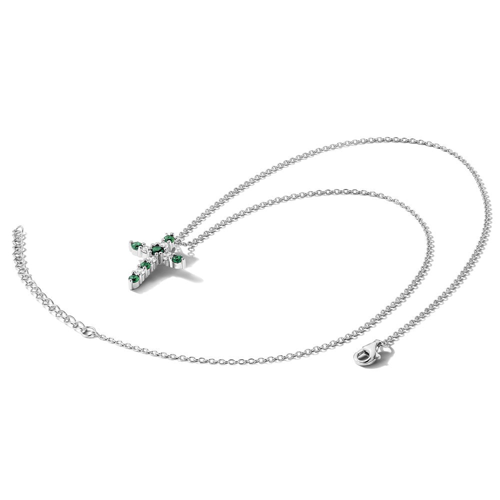 SS RH-plated Green CZ May Birthstone Cross w/2in ext Necklace