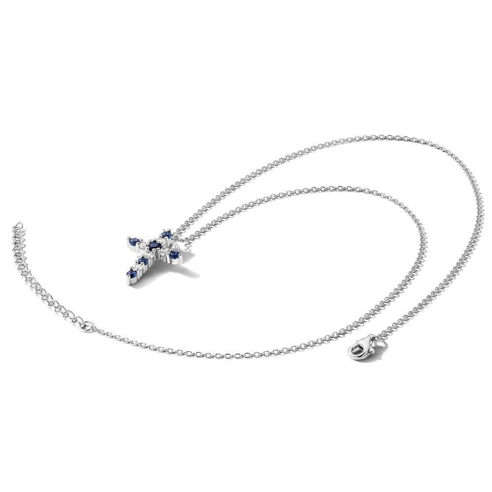SS RH-plated Dark Blue CZ Sept Birthstone Cross w/2in ext Necklace