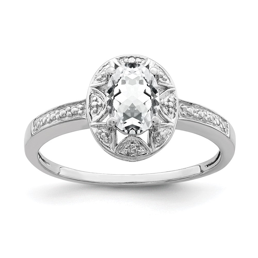 Polished;Sterling silver;Diamond;Rhodium-plated;White topaz;Oval